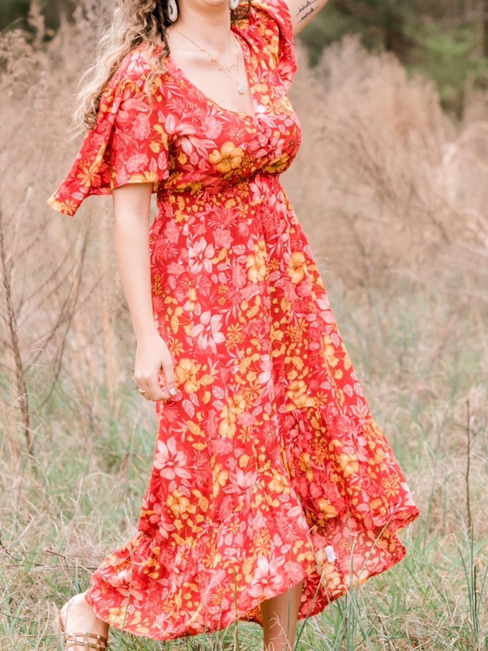 Red Floral Hi-Low Maxi Dress - Picture 7 of 7